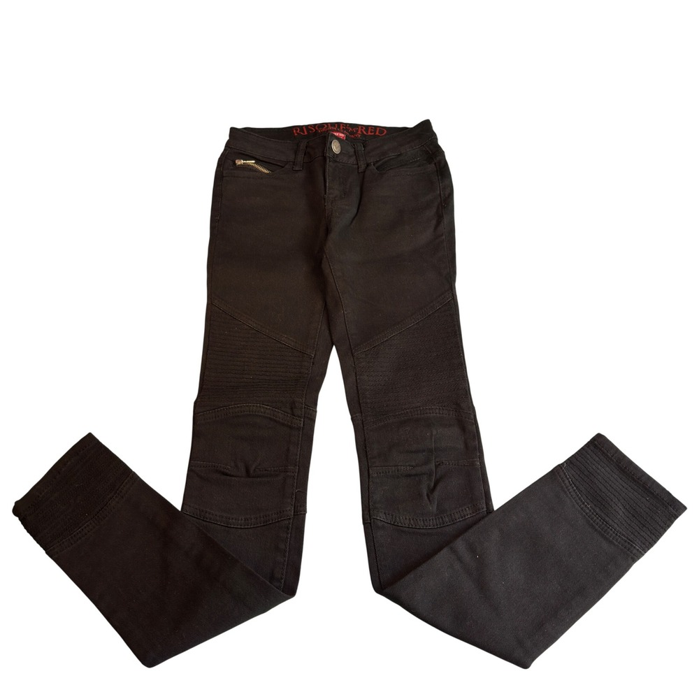 Risque Red Moto Skinny Jeans Black Y2K Zip Pocket Panel Knee Size 0